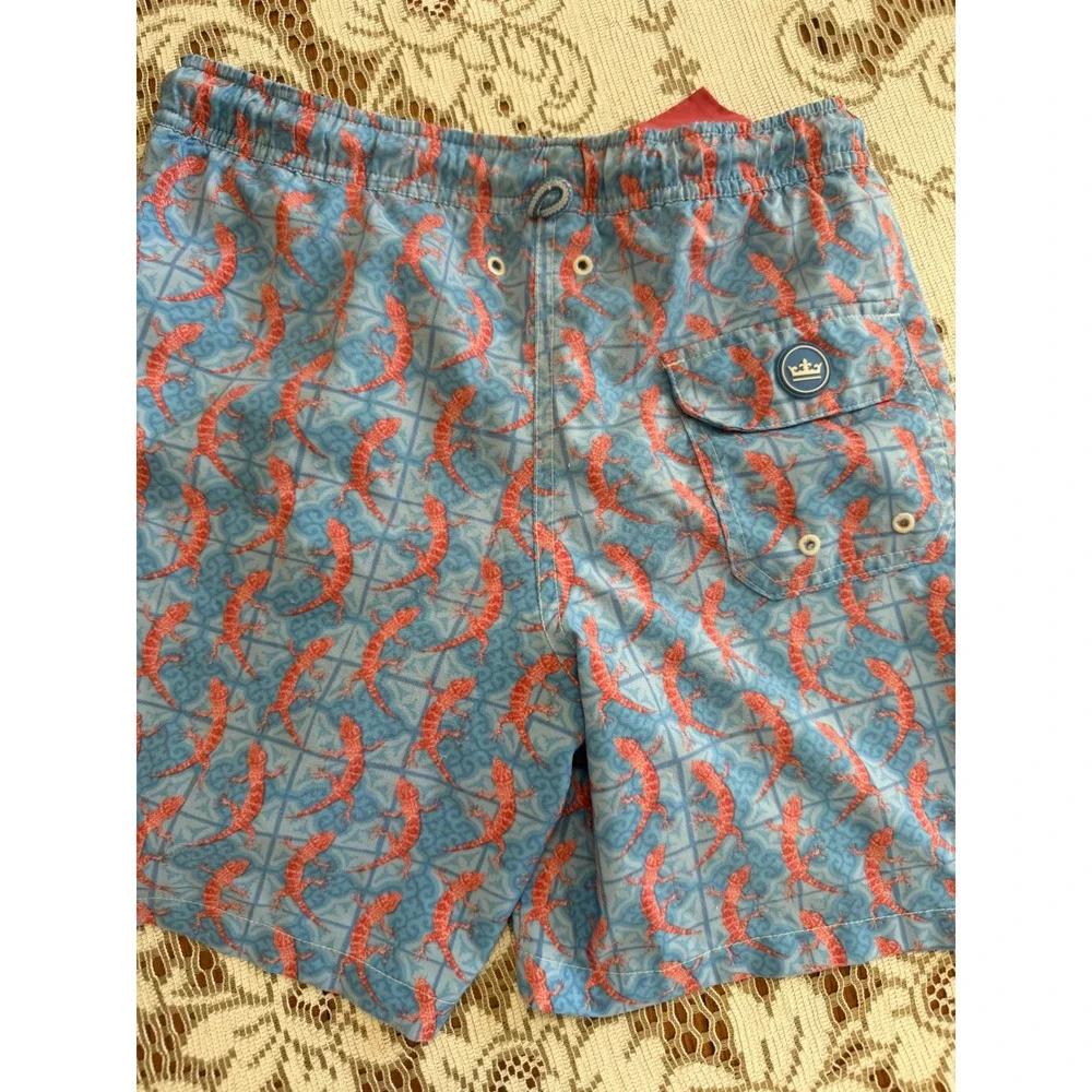 Peter Millar Boys Blue Orange Gecko Lizard Print Swim Trunks Size M 8-10